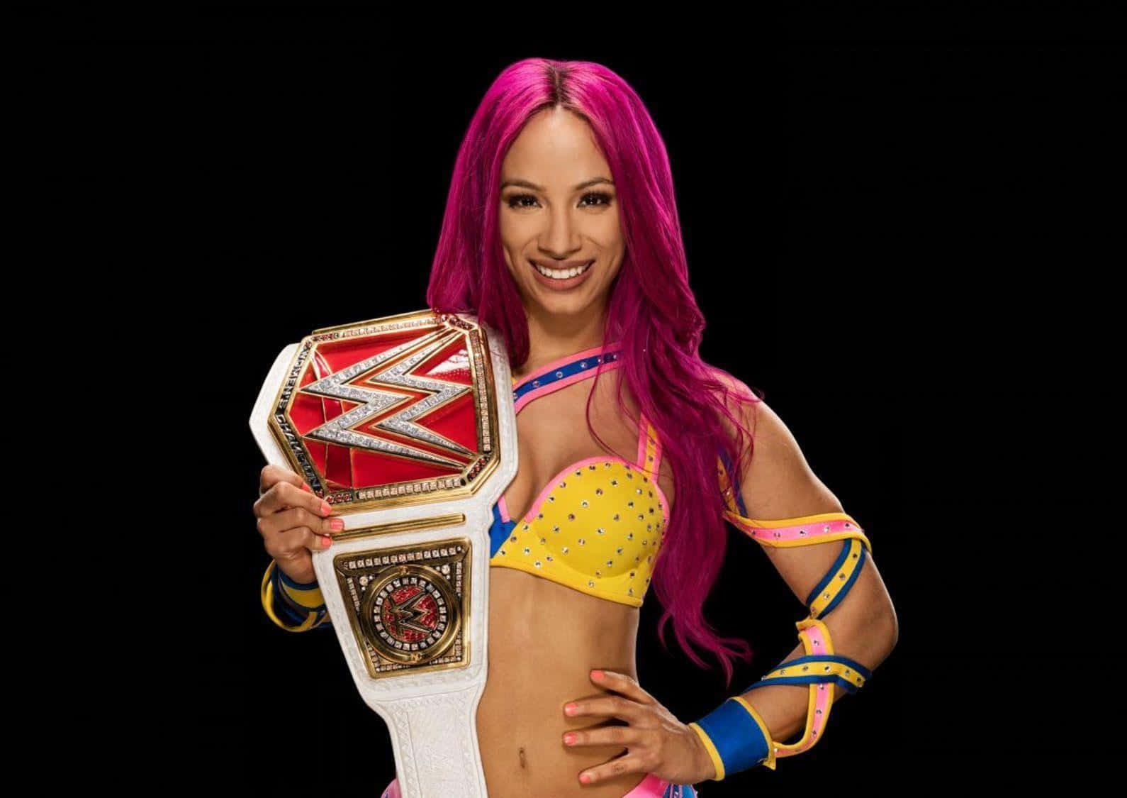 En kvinde med pink hår, der holder en WWE-mæesterskabsbælte. Wallpaper