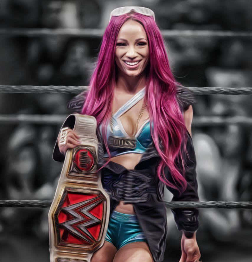 A Woman With Pink Hair Holding A Wrestling Belt Wallpaper