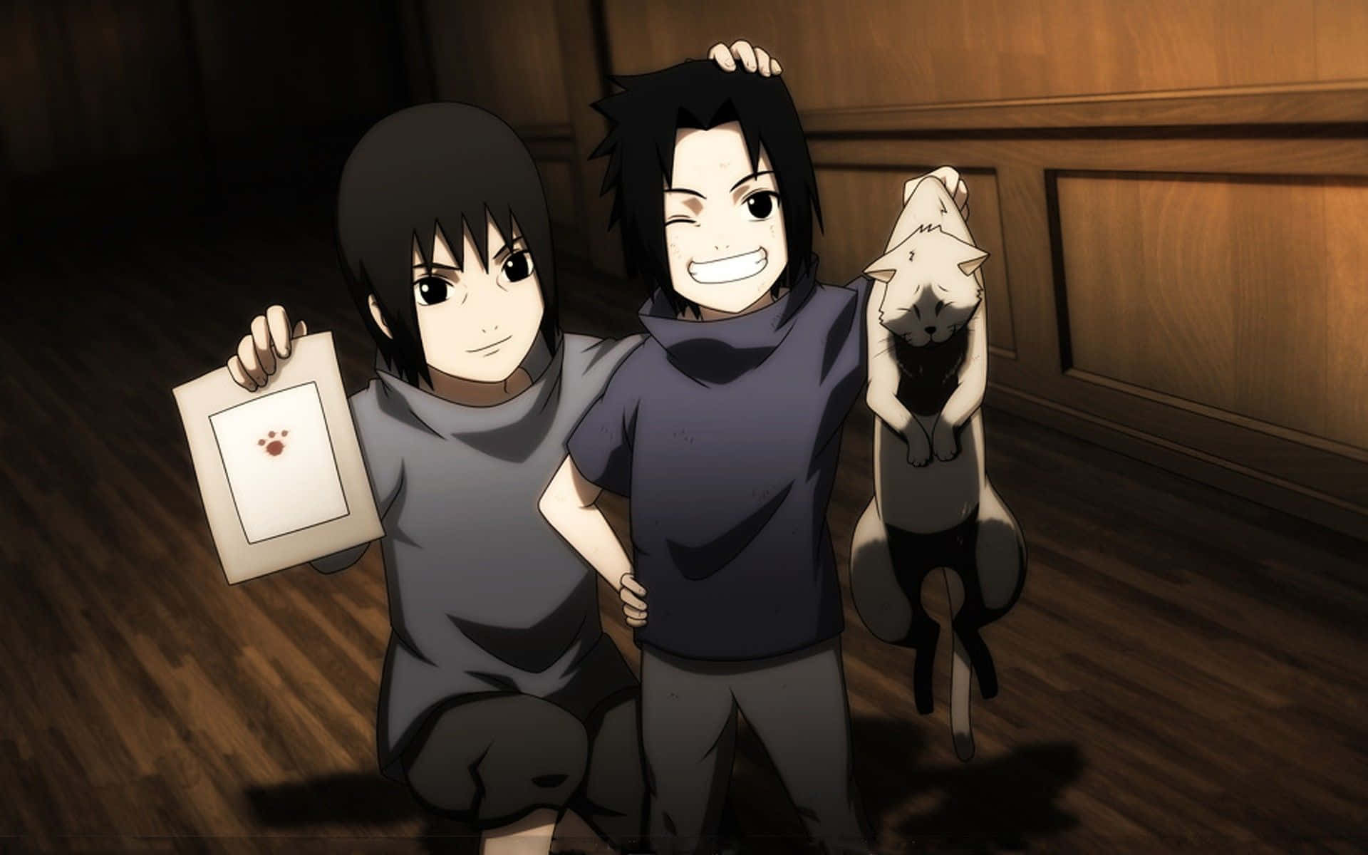 Den kraftige bånd mellem Sasuke og Itachi Uchiha med Vasernes Ni Dæmoner i baggrunden. Wallpaper