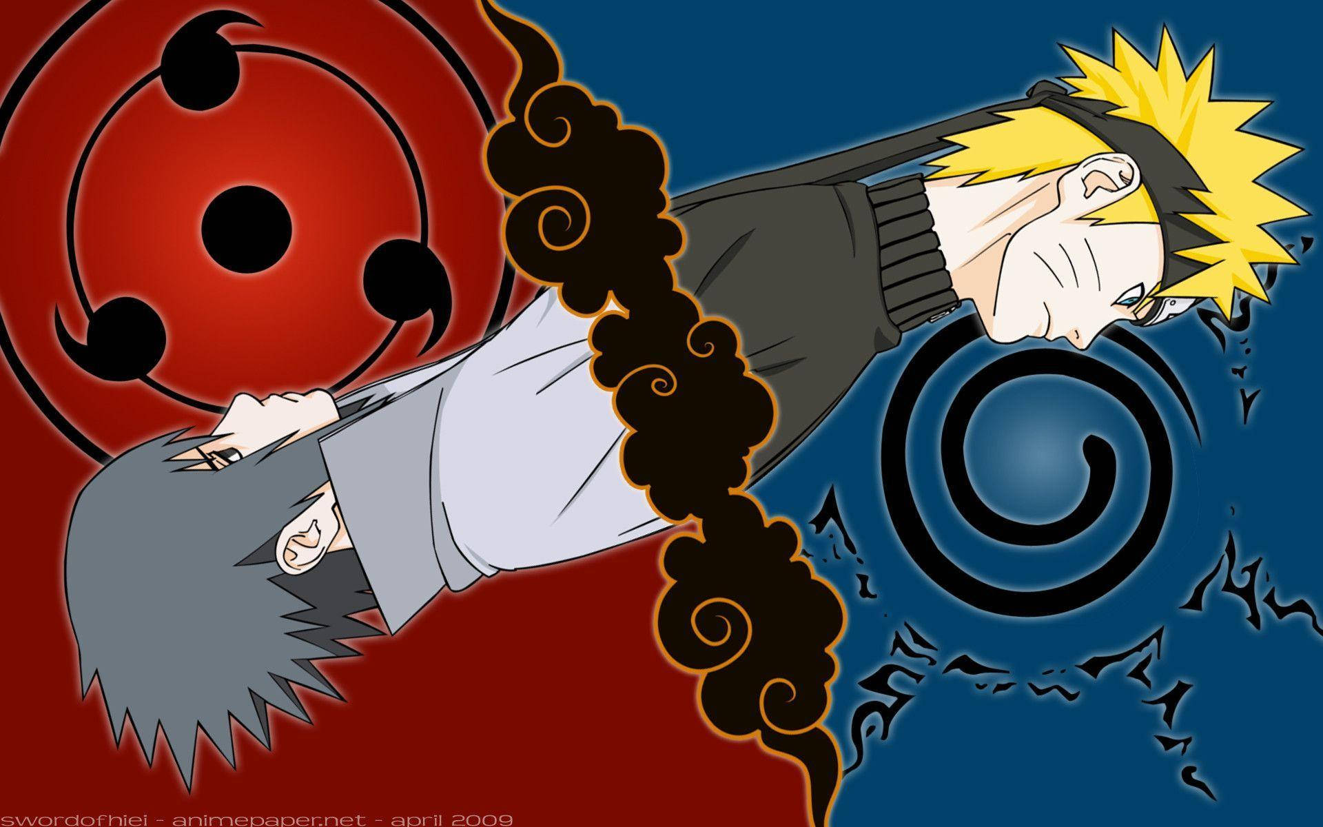 Sasuke og Naruto PC Tapet: Et tapet, der indeholder stiliserede billeder af Sasuke og Naruto. Wallpaper