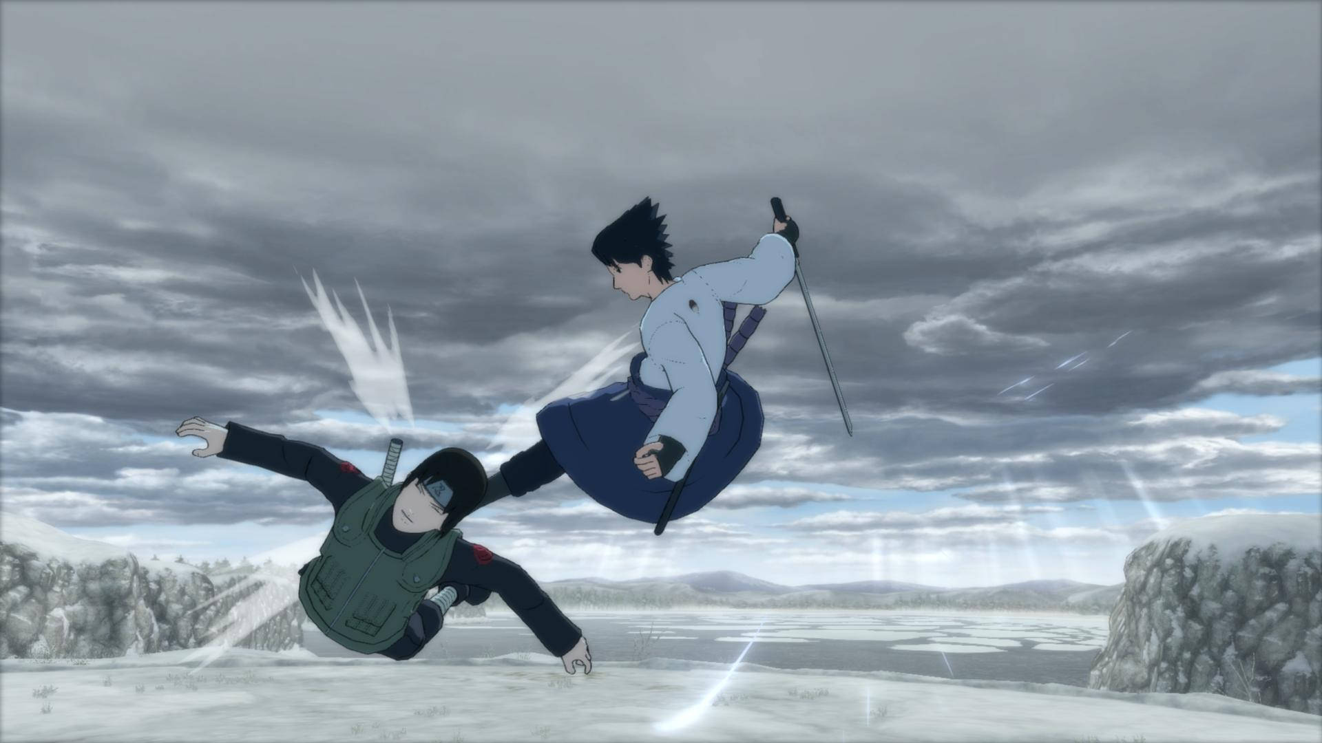 Sasuke Vs Sai 4K HD Tapet: Et tapet, der viser to anime figurer, der kæmper med et tv-lignende udseende. Wallpaper