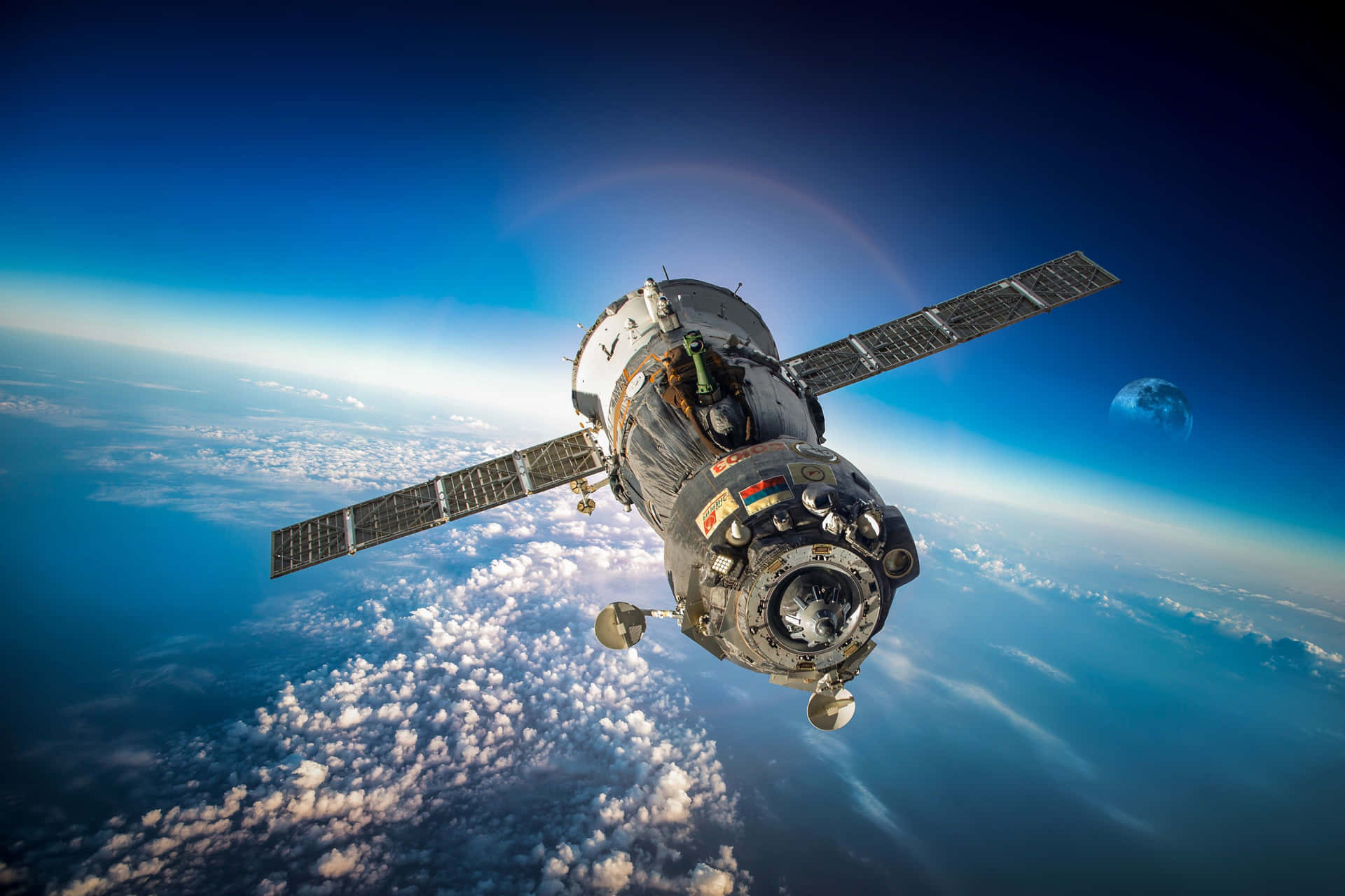 a space station is flying above the earth
