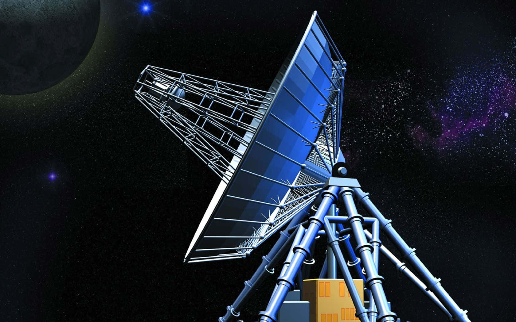 a satellite is shown in the background of a dark night sky