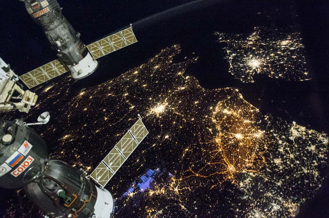 russian space station and russian city lights