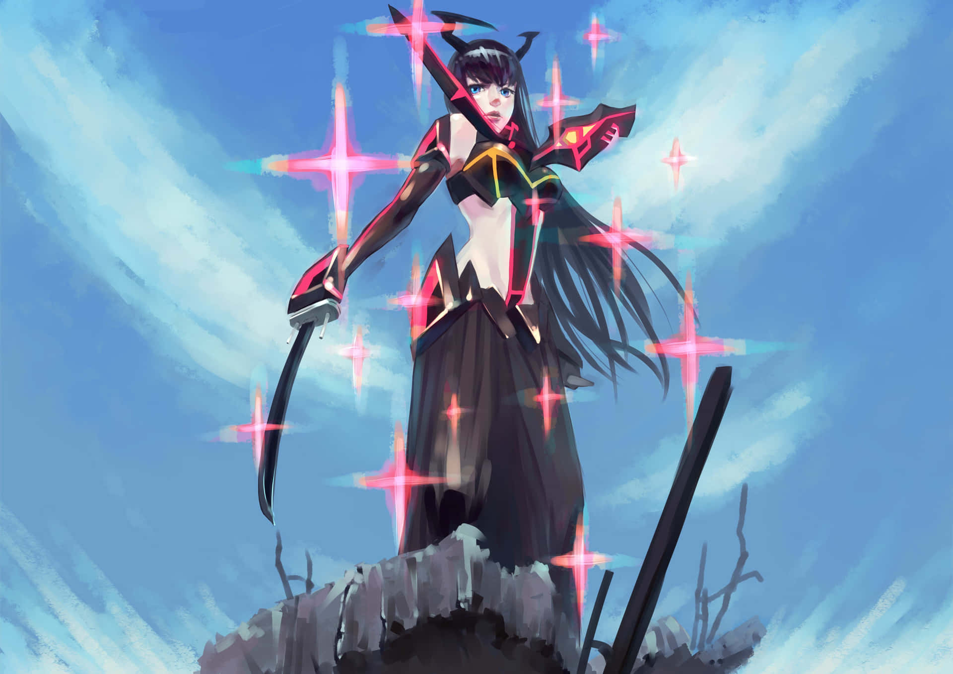 En kvindelig anime-karakter med et sværd og en stjerne i baggrunden Wallpaper