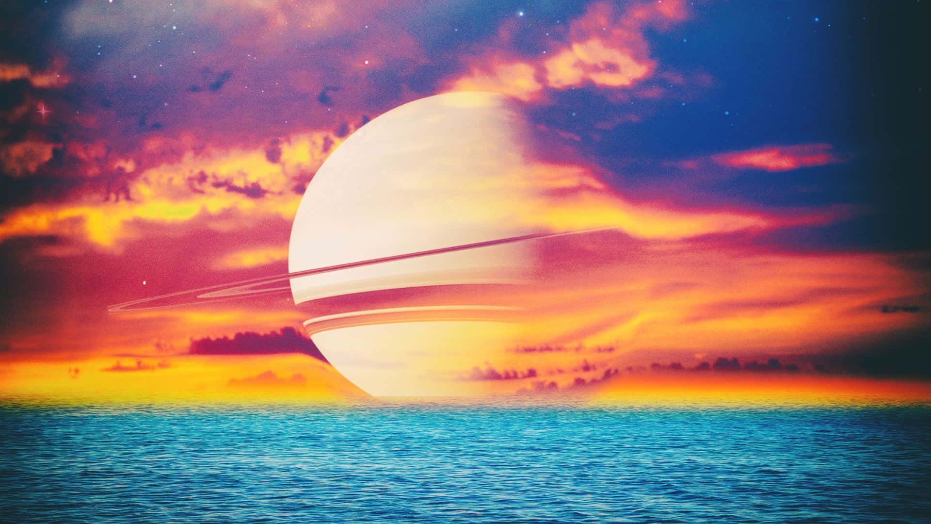 Saturn Ocean Sunset Wallpaper