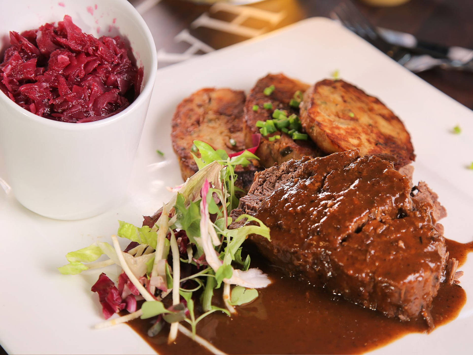 Sauerbraten Traditional German Dish Red Cabbage And Endive Wallpaper