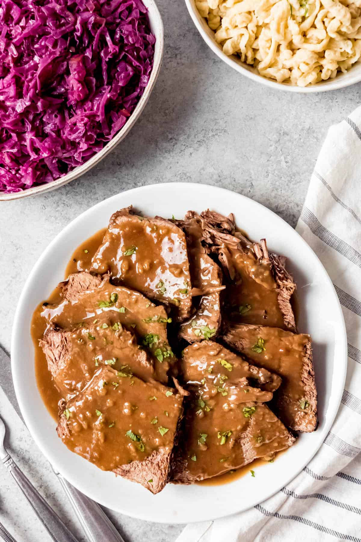 Authentic German Sauerbraten with Spaetzle and Red Cabbage Wallpaper