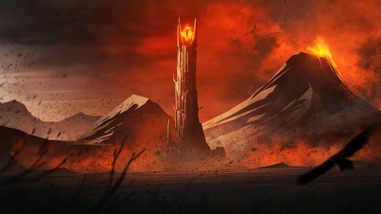 A Tower With Flames And Birds In The Background Wallpaper