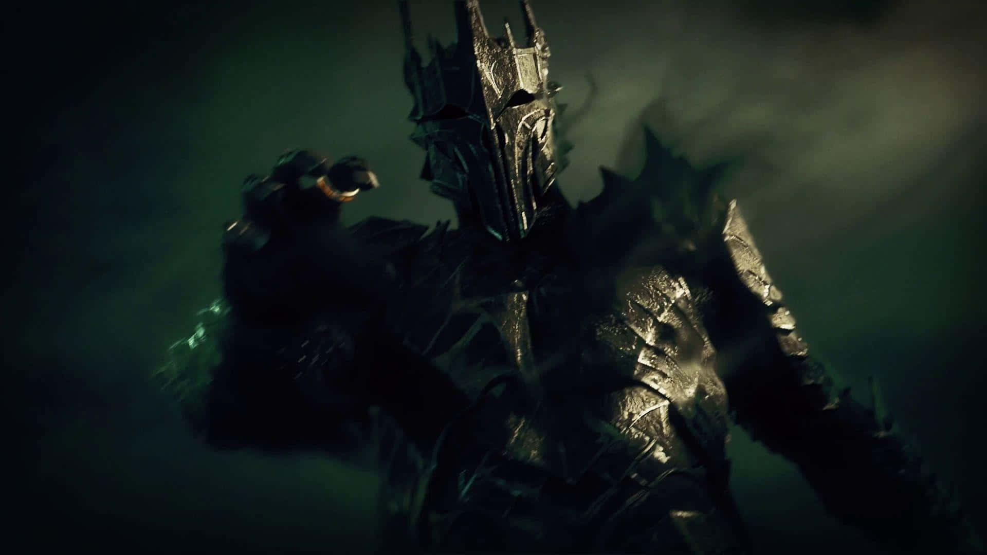 En mørk ridder i rustning holder et sværd i en sejrsråbende pose Wallpaper