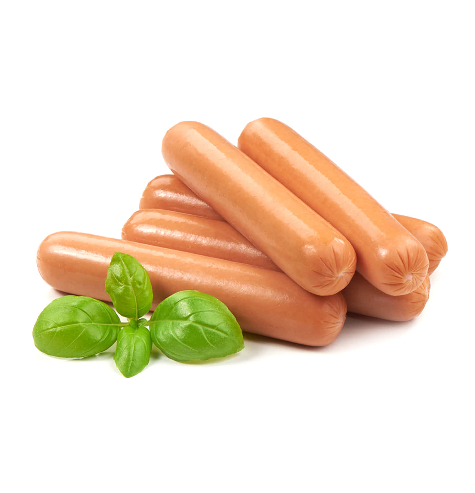 A Pile Of Hot Dogs With Basil Leaves