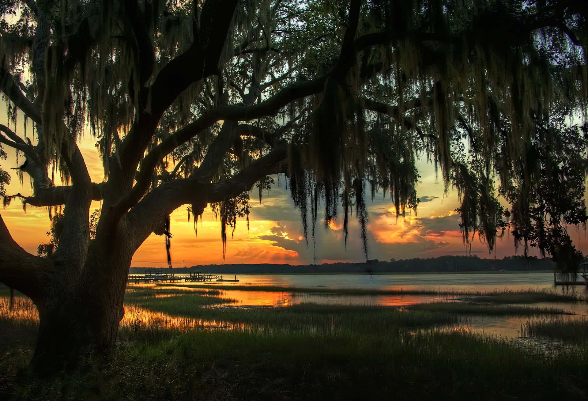 The sun sets over Savannah, Georgia