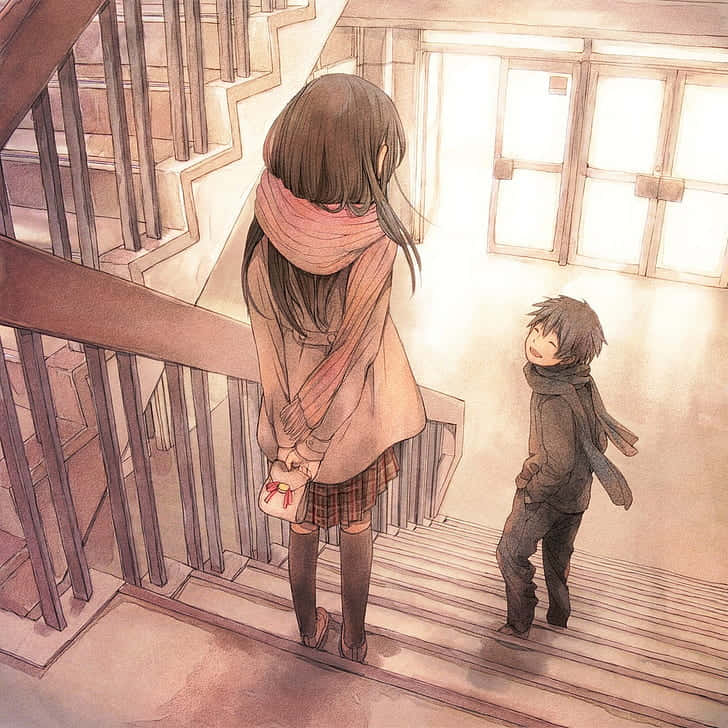 Sawakound Shota Auf Einer Treppe – Romance Anime Wallpaper