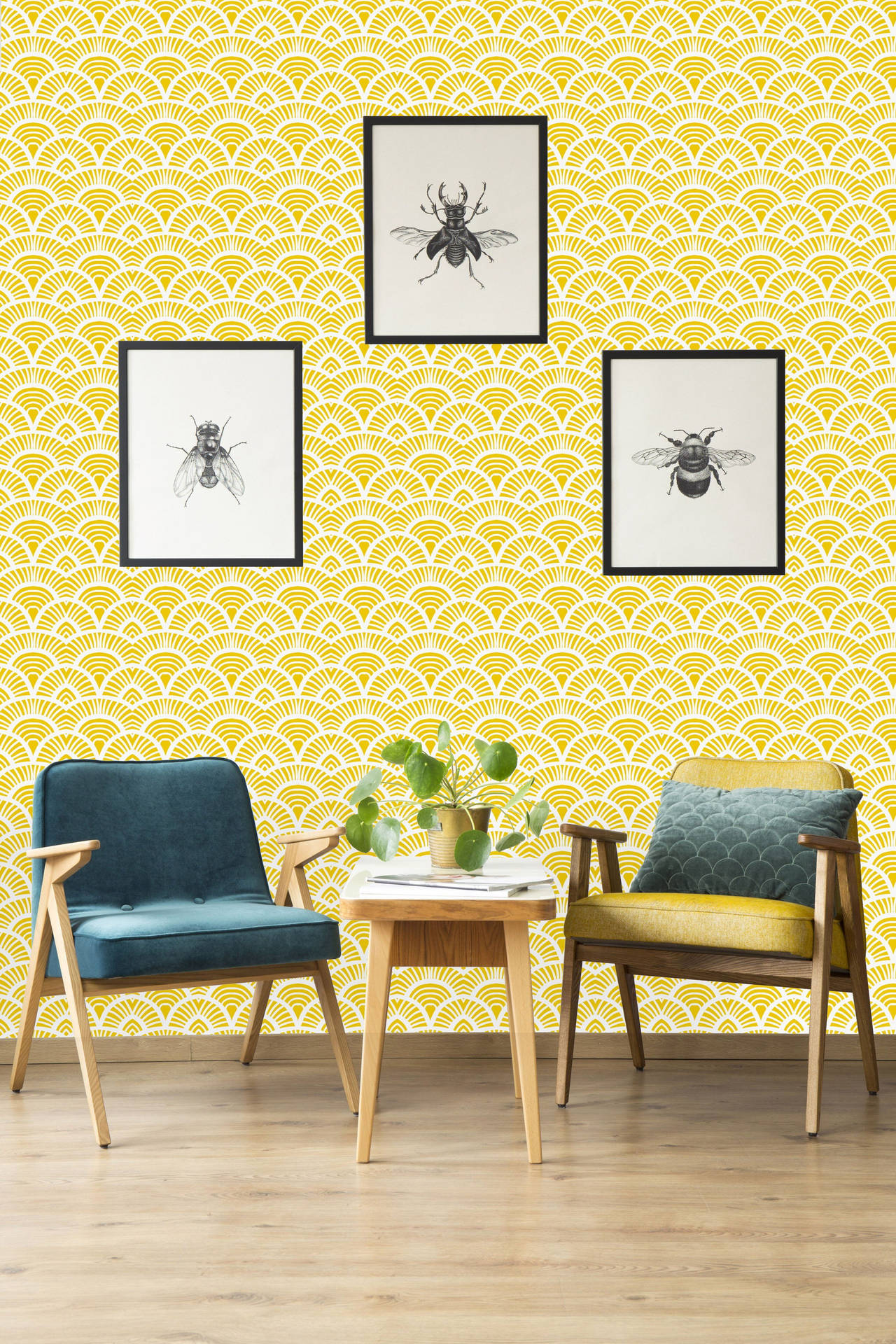 Scallops mønster gule æstetiske stue væg tapet. Wallpaper