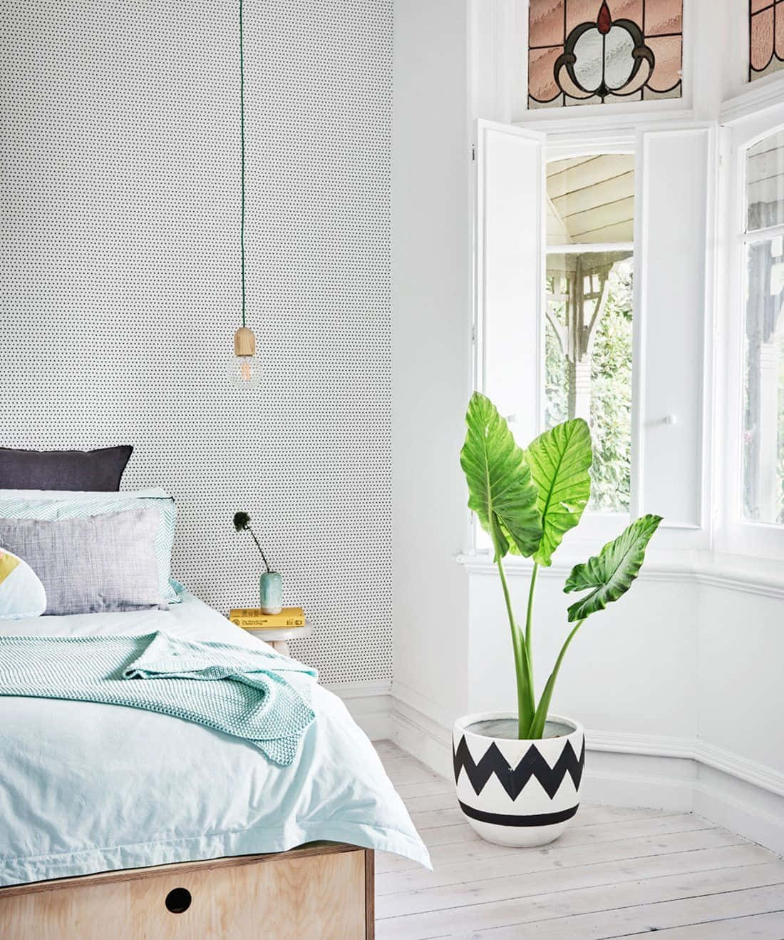 Scandinavian Bedroom Designwith Plant Wallpaper