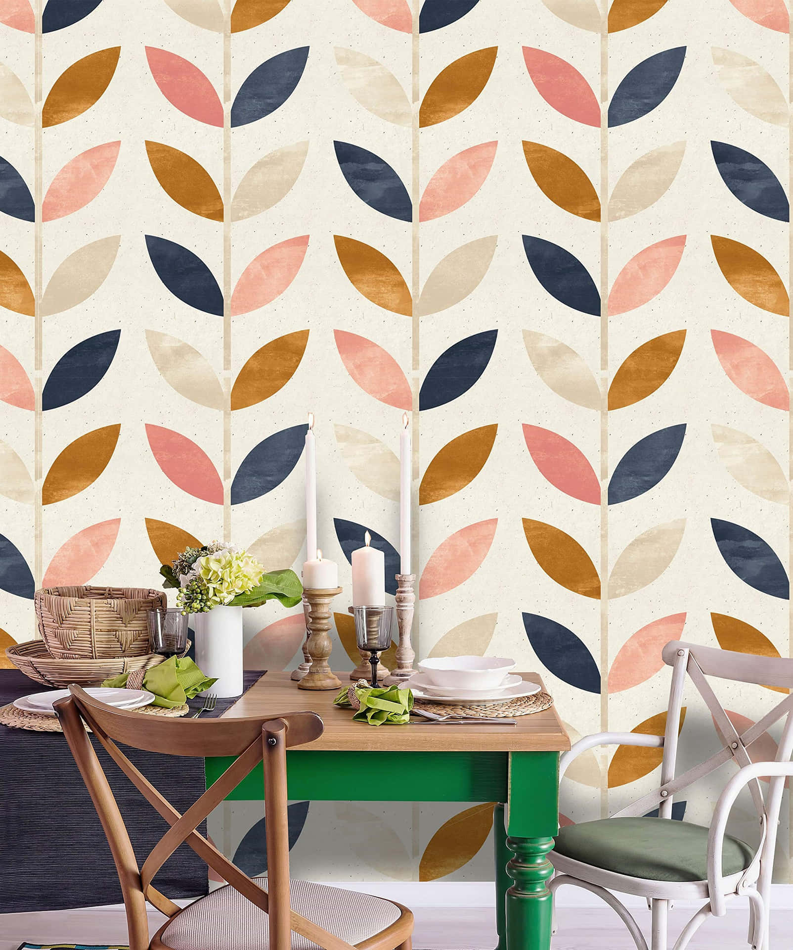 Scandinavian Style Dining Area Leaves Wallpaper Wallpaper