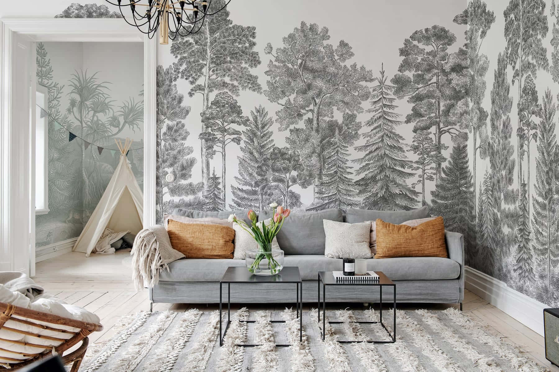 Scandinavian Style Living Room Forest Wallpaper Wallpaper