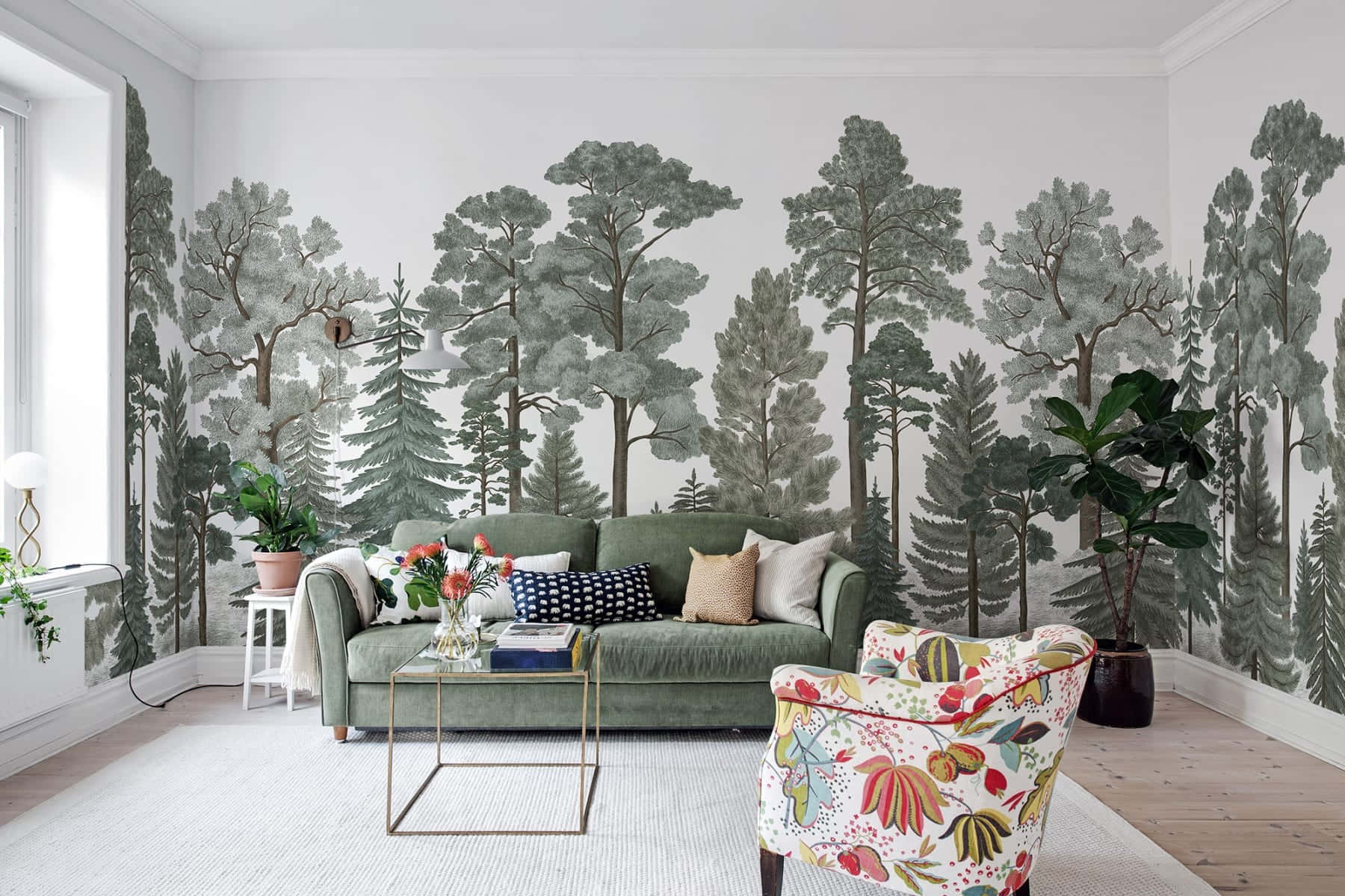 Scandinavian Style Living Room With Forest Wallpaper Wallpaper