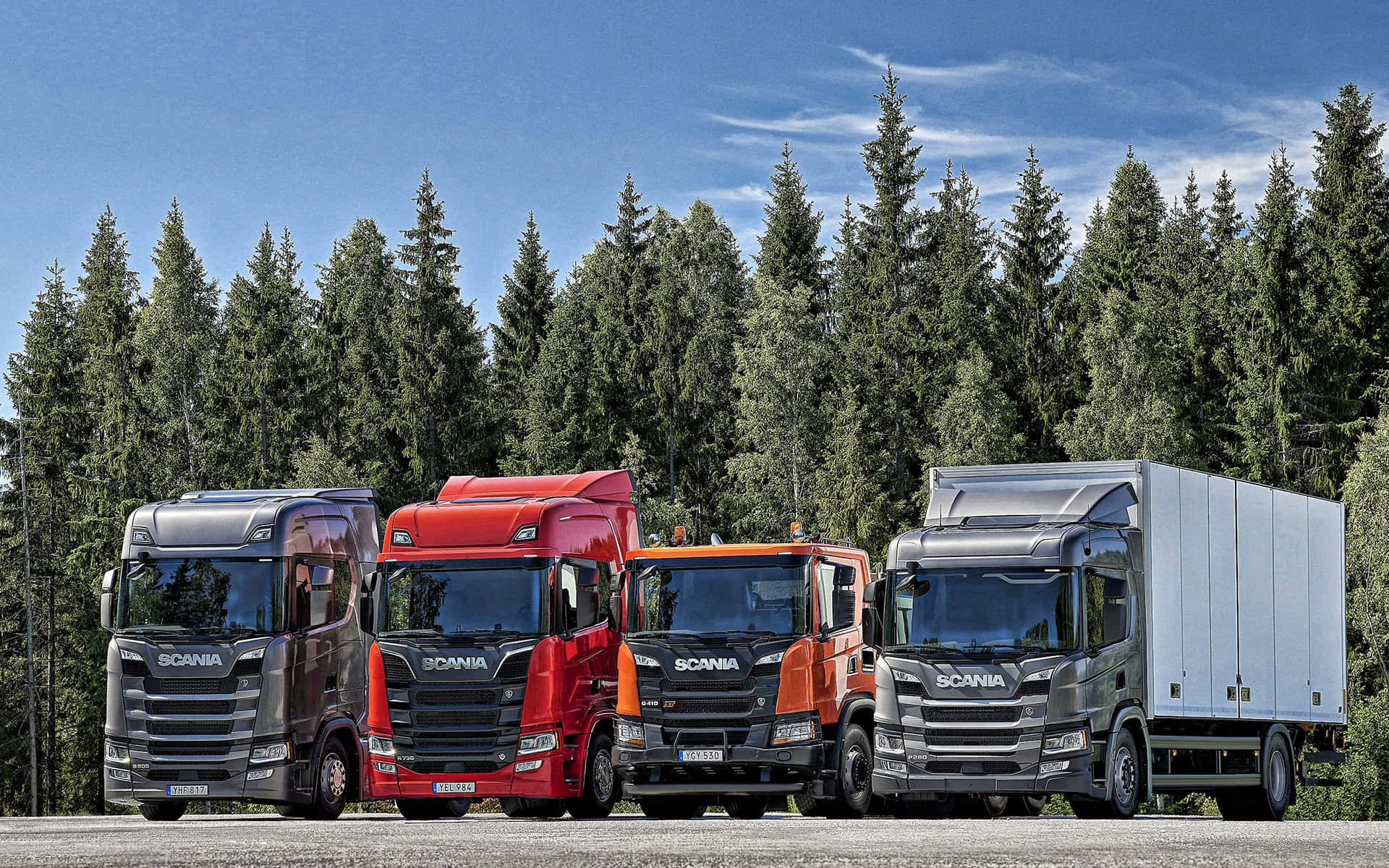 Scania Truck Lineup Forest Backdrop Wallpaper