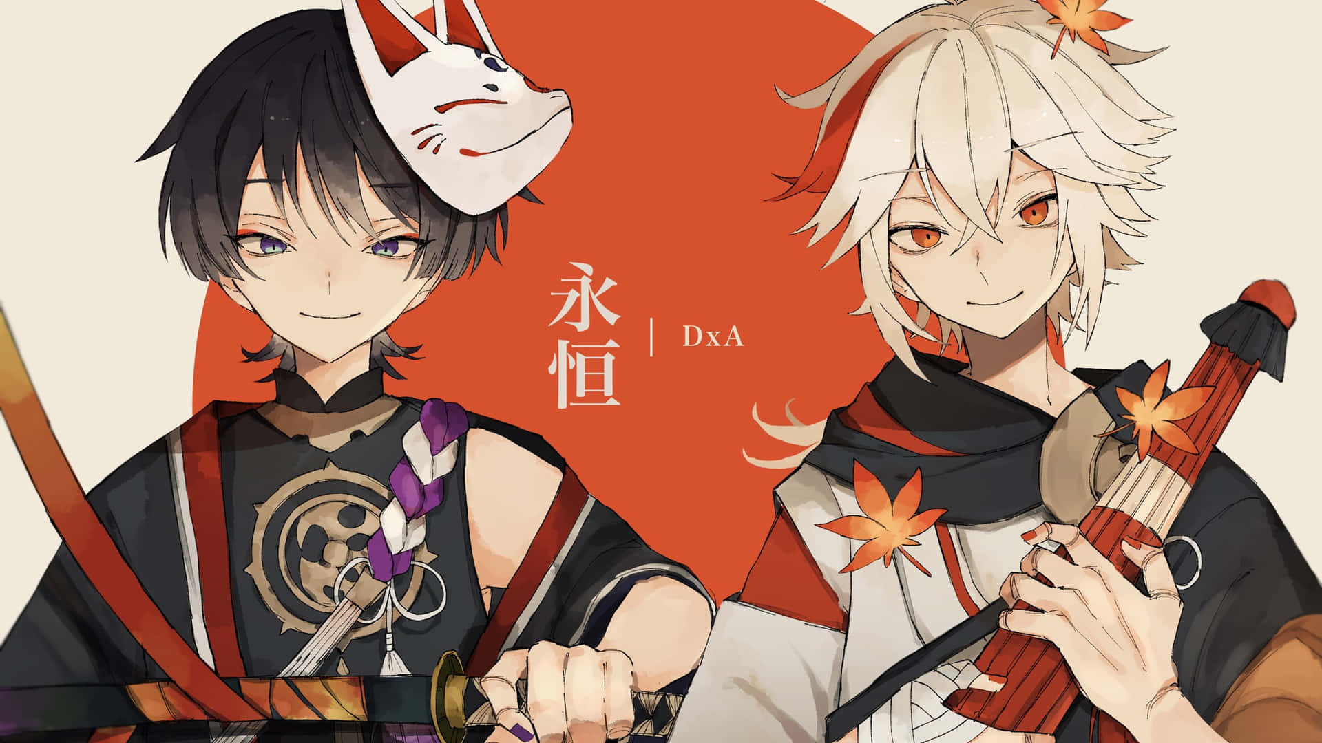 Two Anime Characters With Swords And A Red Background Wallpaper