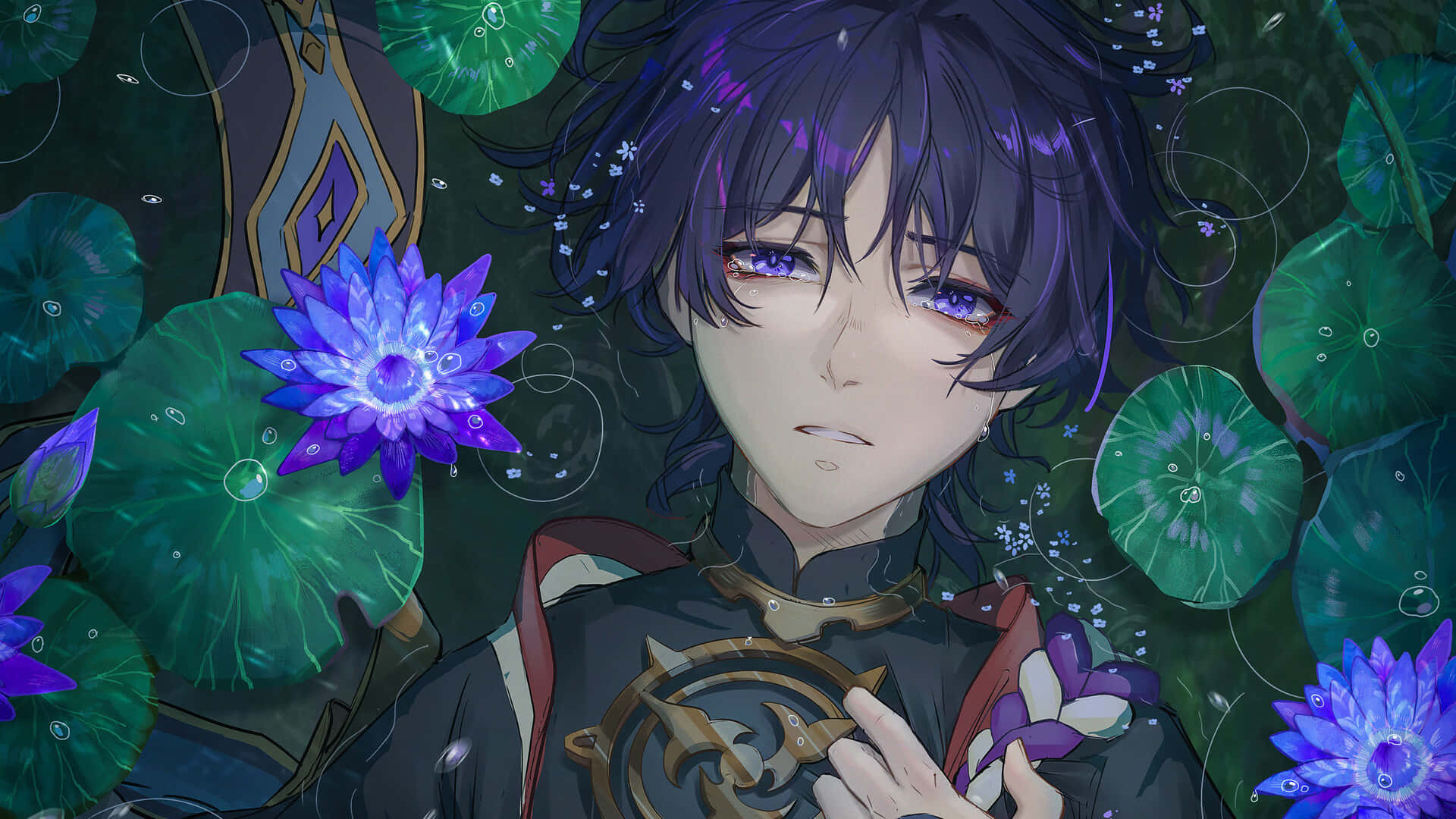 A Boy With Purple Hair And Blue Eyes Is Sitting In A Pond Wallpaper