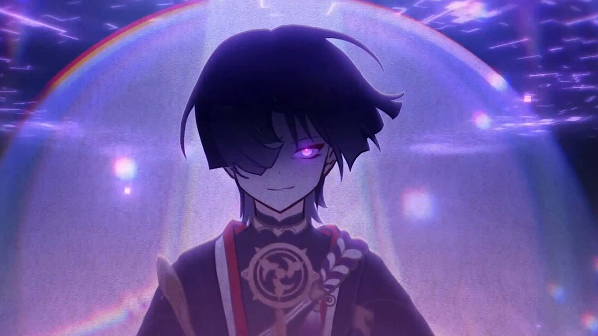 En dreng i en anime med lilla øjne og et sværd. Wallpaper