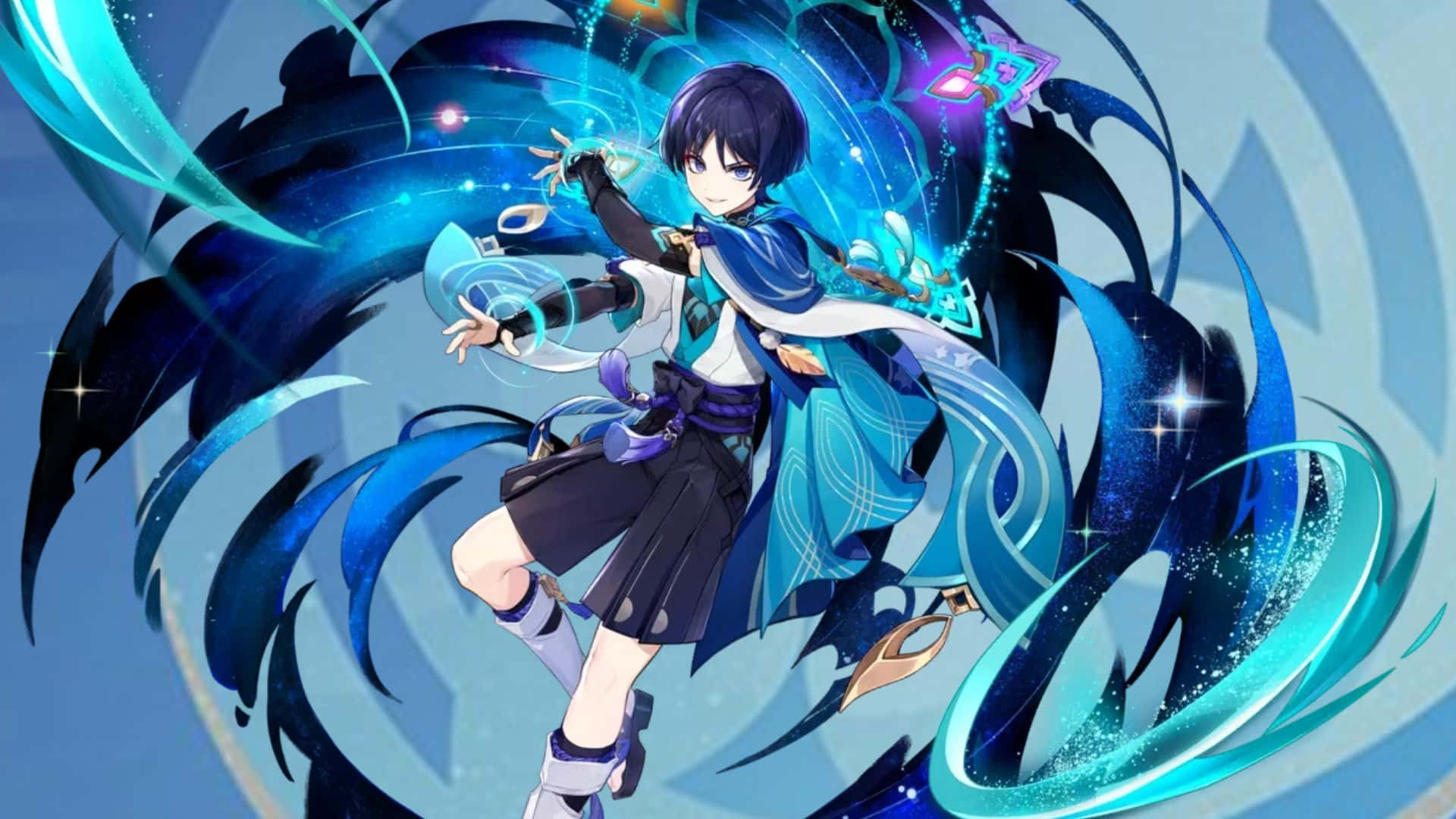 En pige med blå hår og en blå sværd Wallpaper