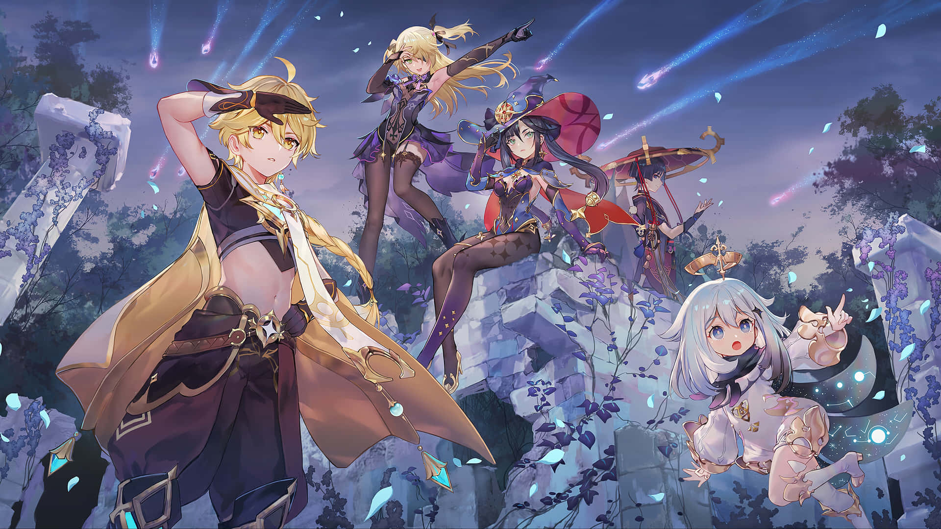 A Group Of Anime Characters Standing On Rocks Wallpaper