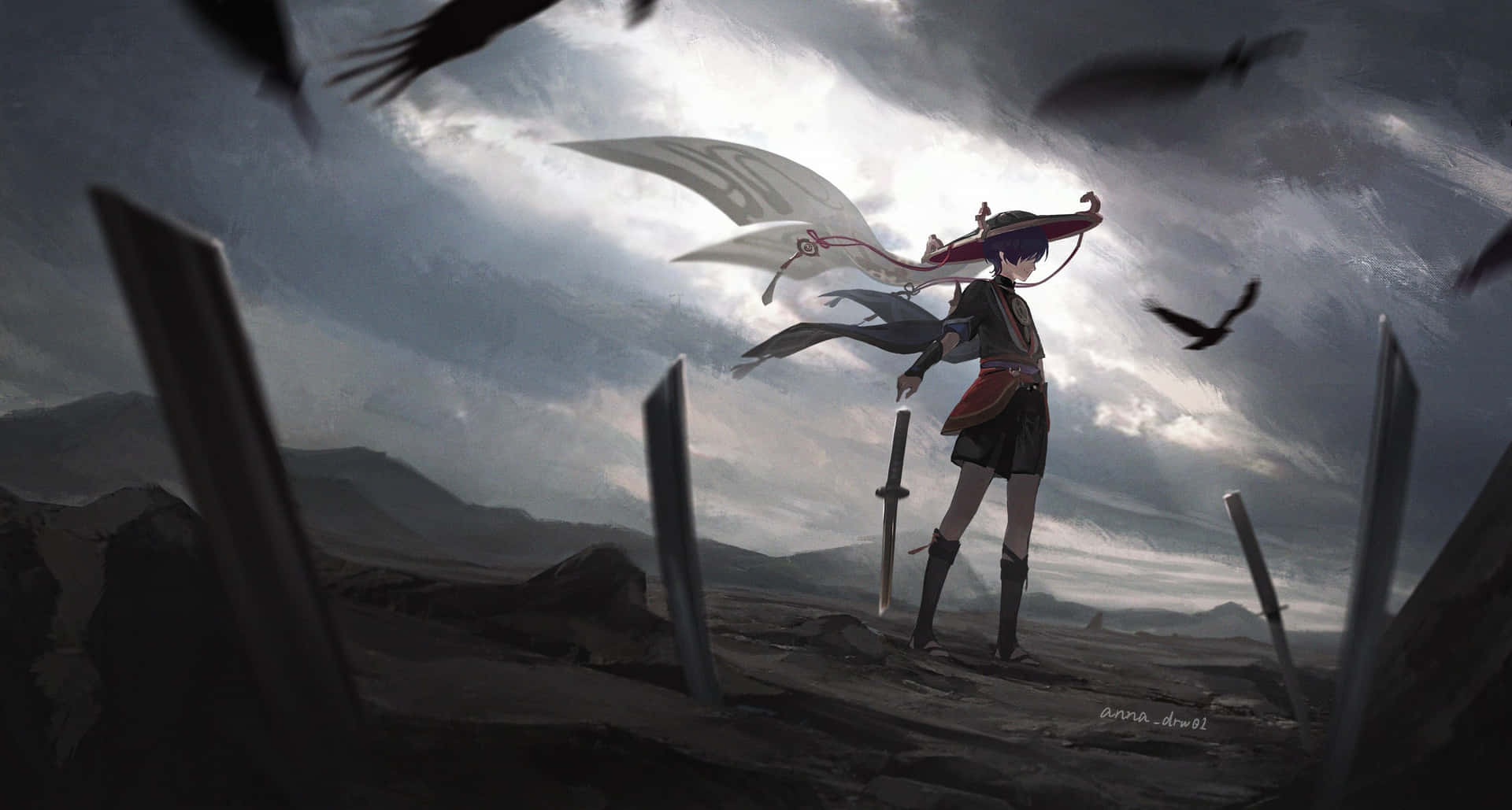 A Girl With A Sword And A Crow Standing In The Sky Wallpaper
