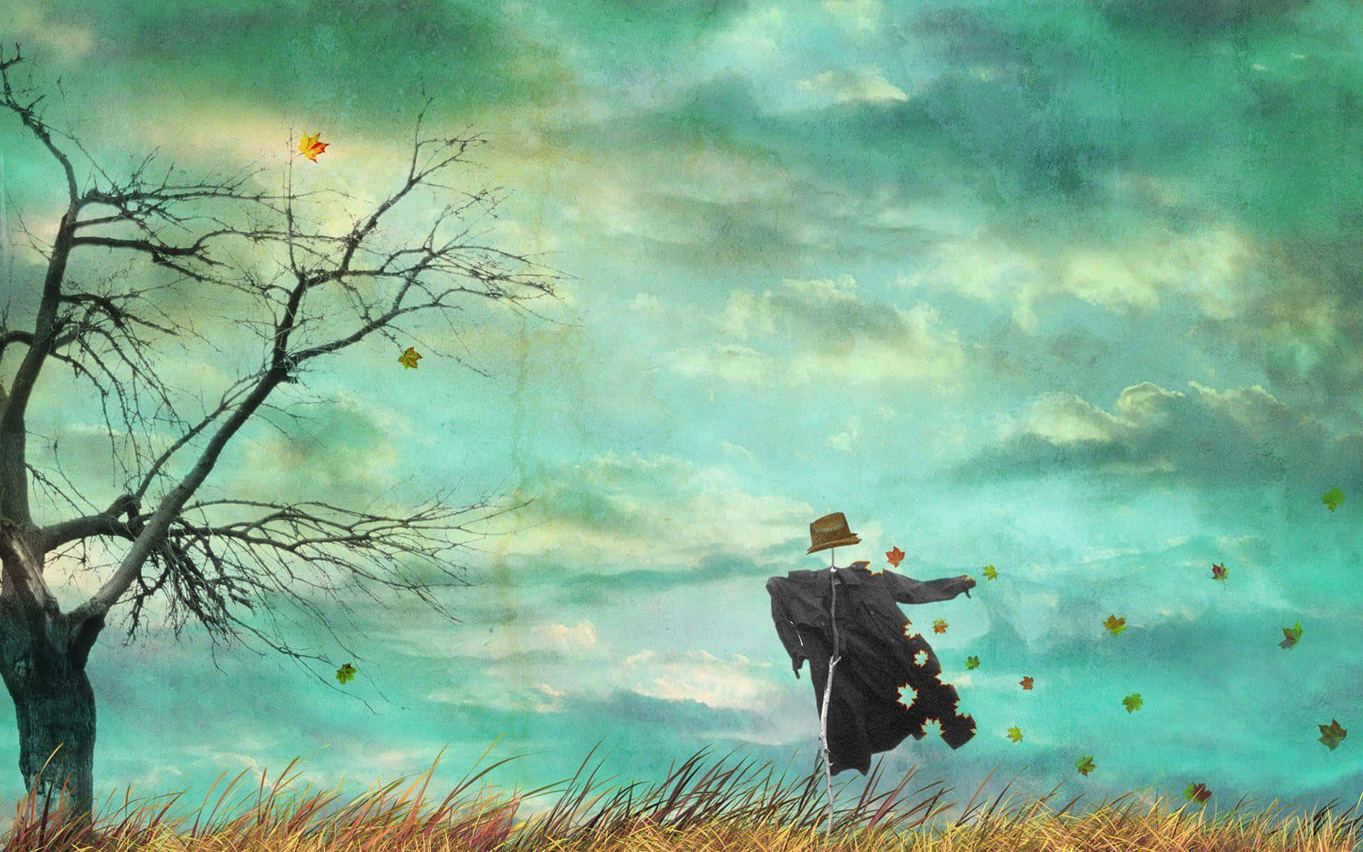 Scarecrow in golden wheat field creates an autumn ambiance Wallpaper