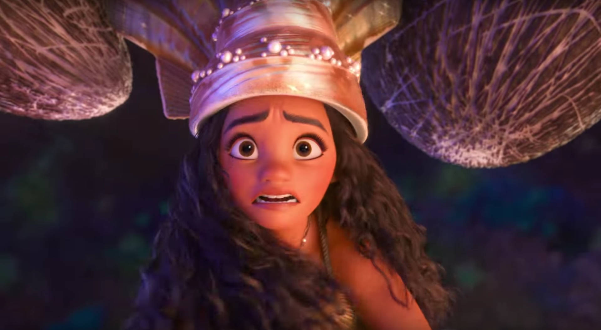 Scared Moana With Shell Hat Wallpaper