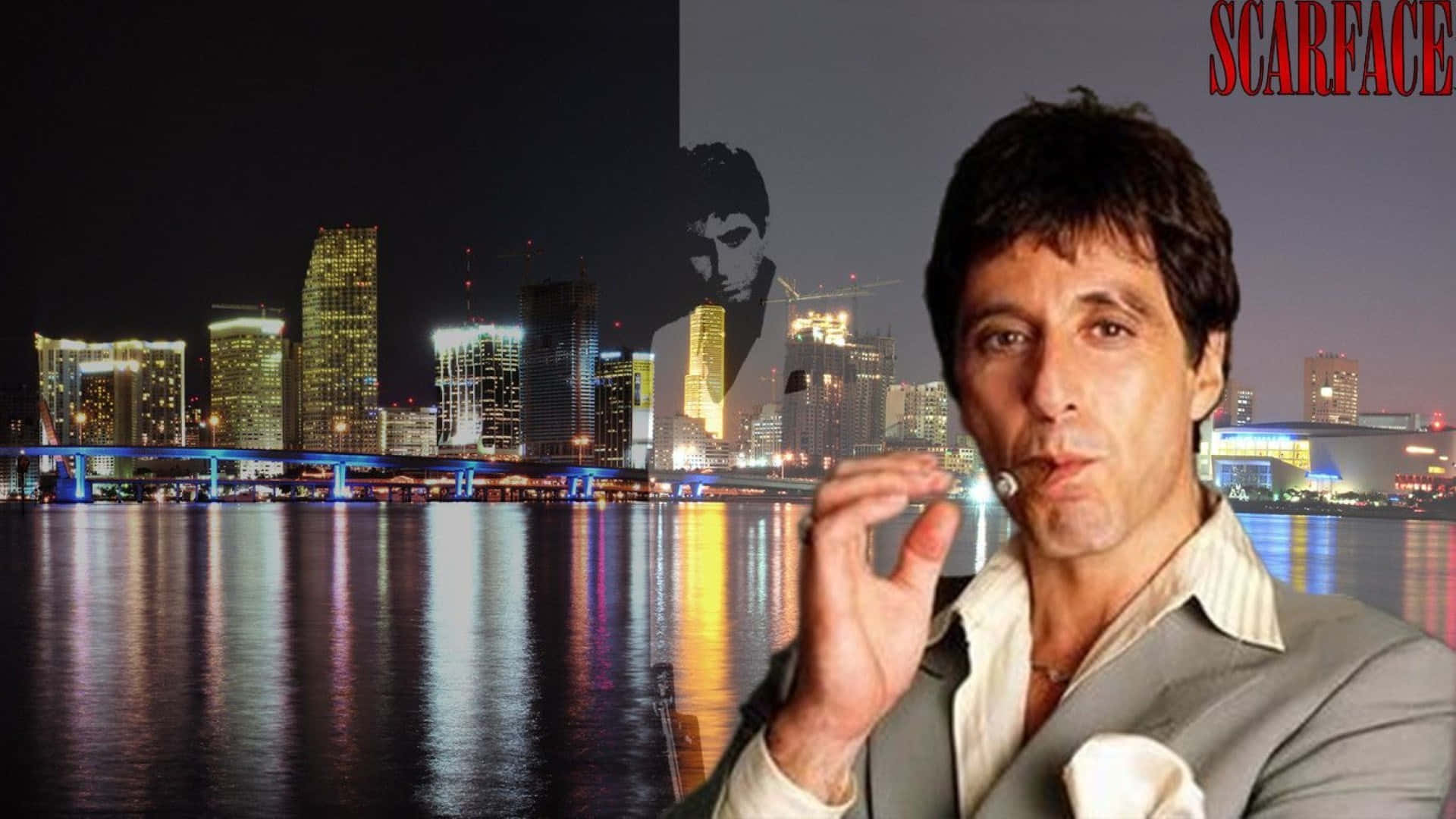 Iconic Scarface portrait displaying Tony Montana in a powerful pose.