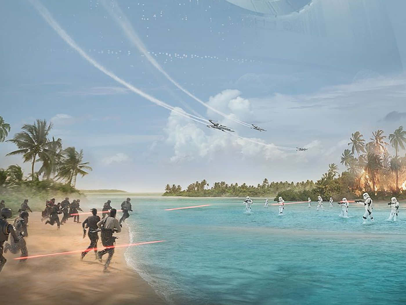 Stunning view of the serene beach and palm trees on the tropical planet of Scarif Wallpaper
