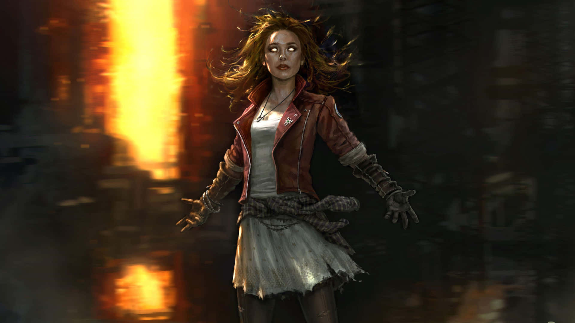 Scarlet Witch fighting in an intense motion. Wallpaper