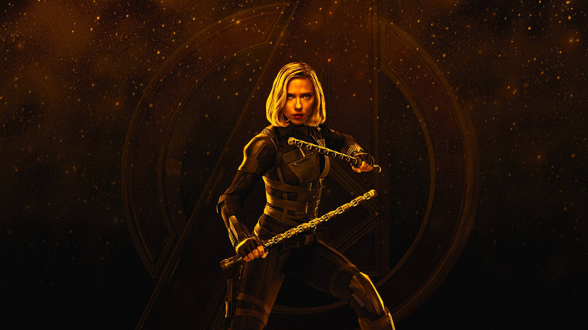 Scarlett Johansson som Black Widow i Avengers står på denne baggrund. Wallpaper