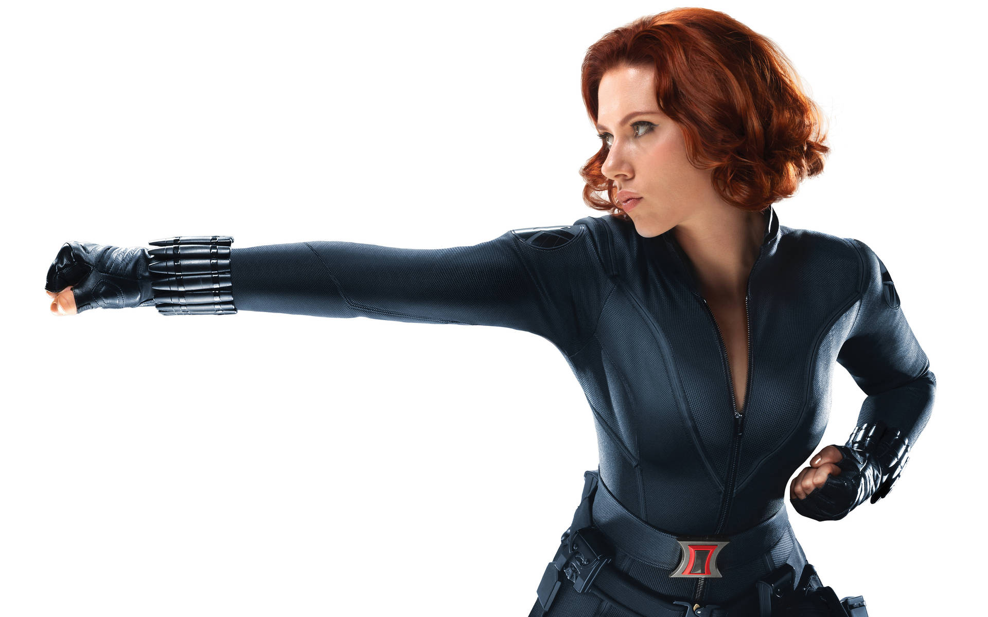 Scarlett Johansson som Black Widow på hvid baggrund Wallpaper