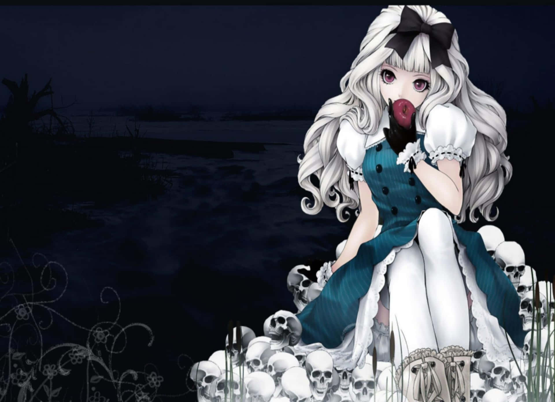 Scary Anime Alice Sits On Pile Of Skulls Wallpaper