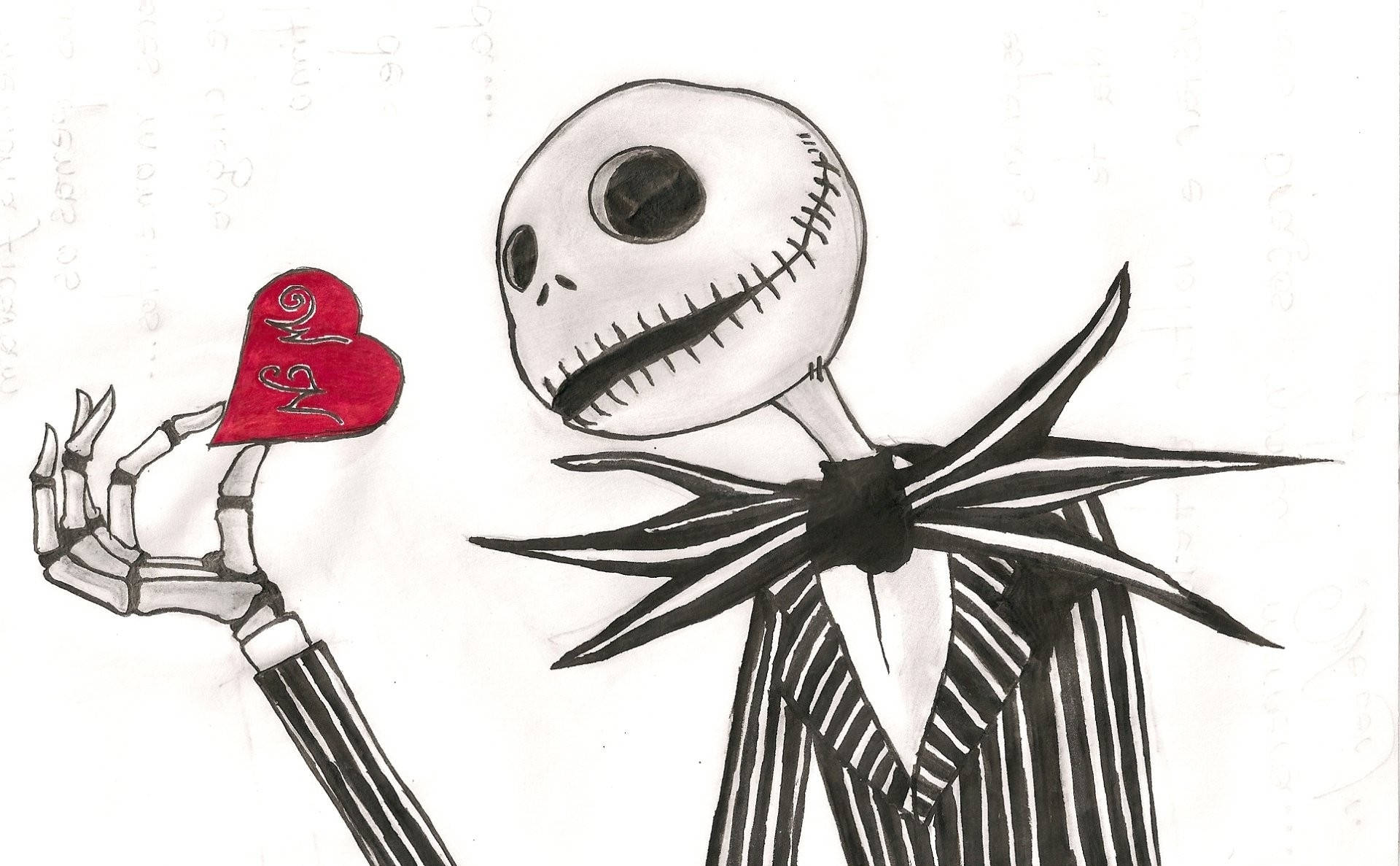 Et tegning af Jack Skellington der holder et hjerteballon. Wallpaper