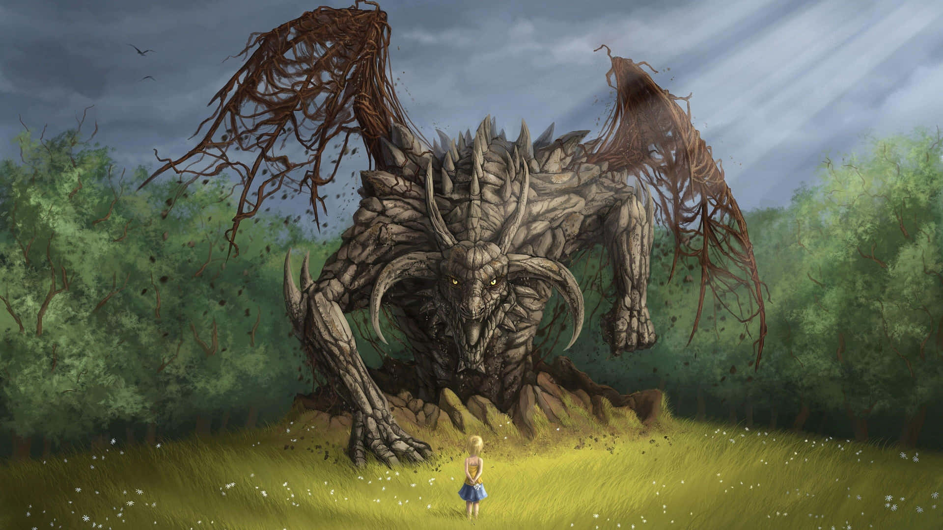 Little Girl And Scary Dragon Painting Wallpaper