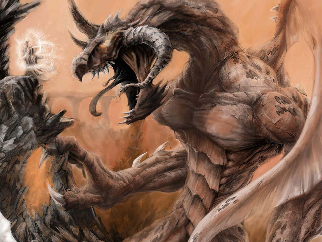 Muscular Scary Dragon Staring At Wizard Wallpaper