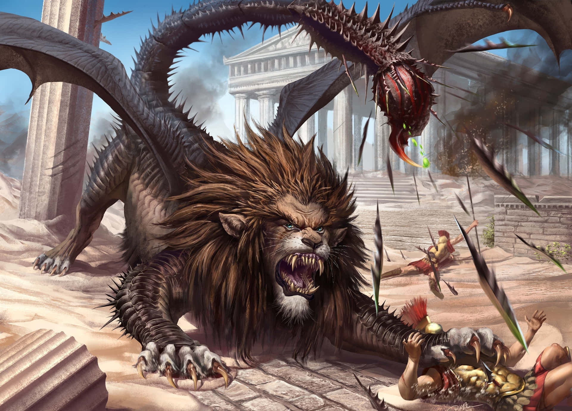 Scary Dragon Half Lion Attacking Wallpaper