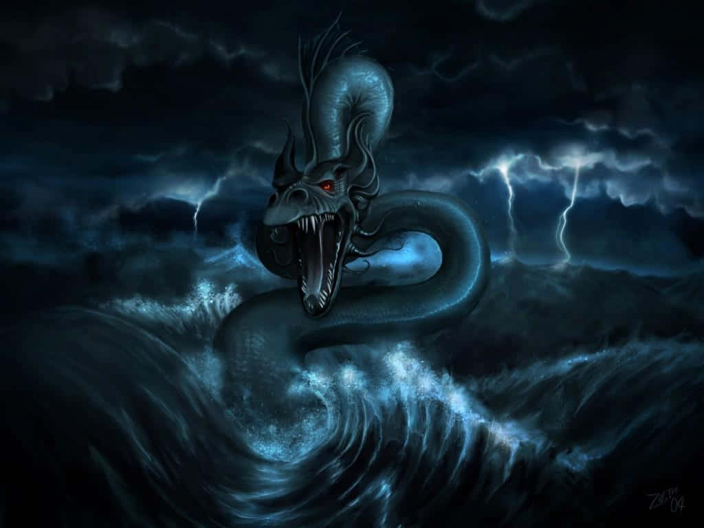 Blue Scary Dragon With Thunder Wallpaper