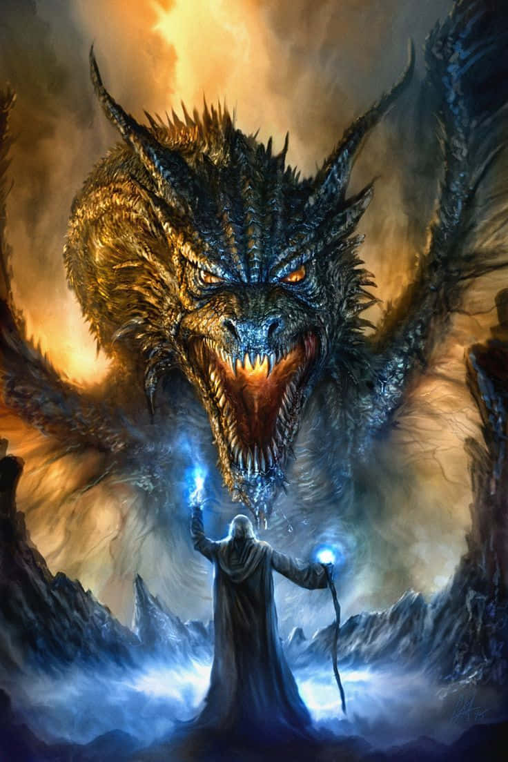 Enfrentamientoaterrador Entre Dragón Y Mago. Fondo de pantalla