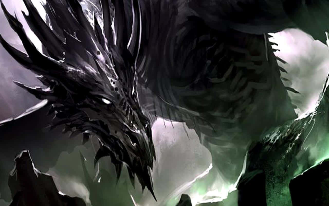 An intimidating and menacing dragon spirals up from the depths Wallpaper
