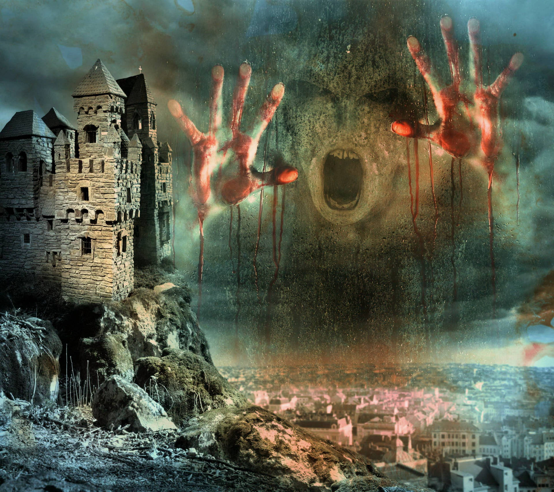 Scary Face Screaming Person Castle Background