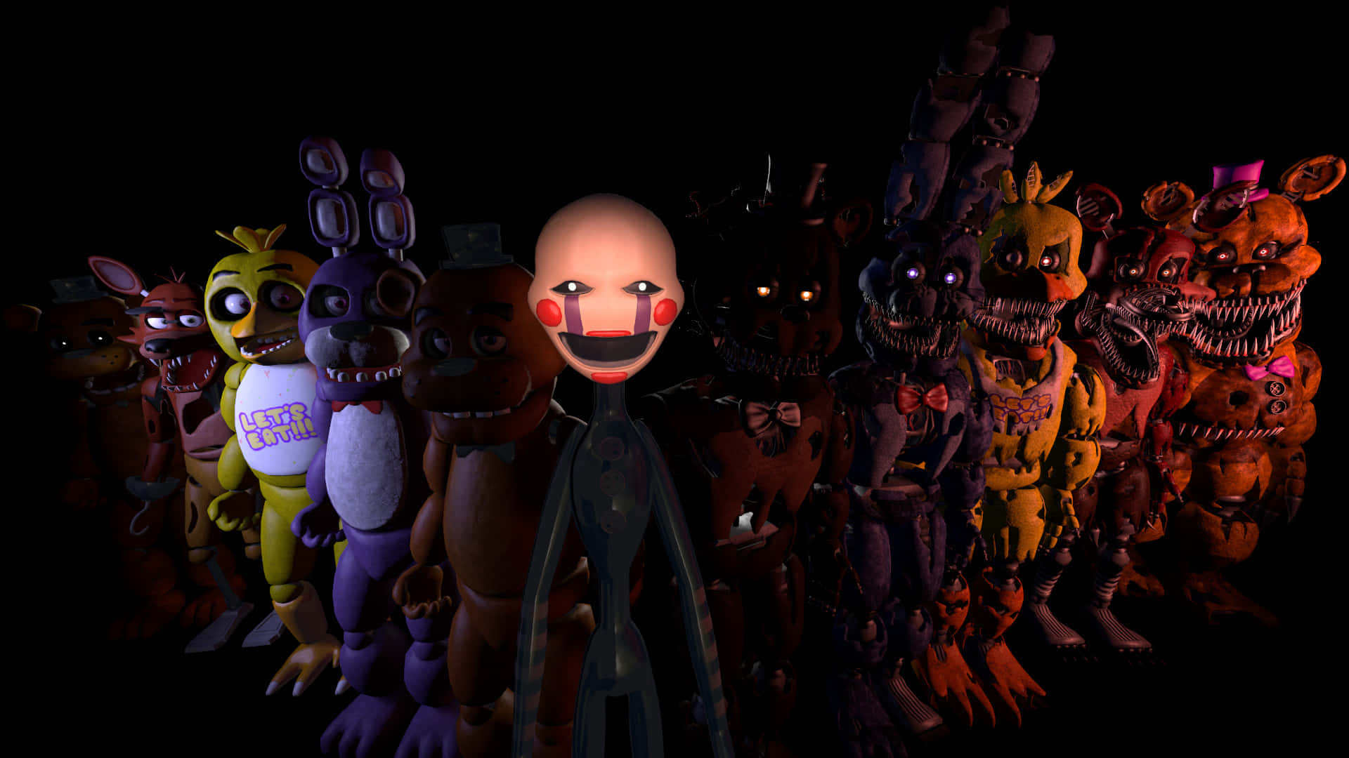 Freddy Fazbear and friends lurking in the dark corners of Five Nights at Freddy's game Wallpaper