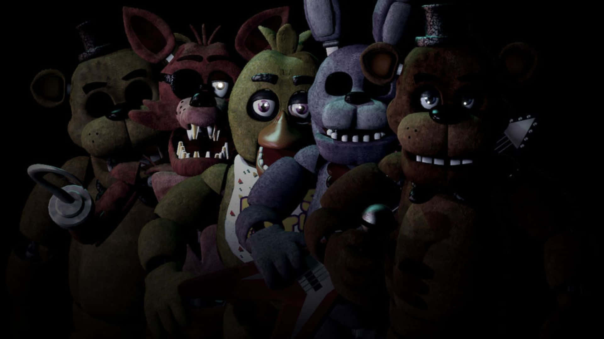Intense Encounter with FNAF Characters in a Haunted Setting Wallpaper