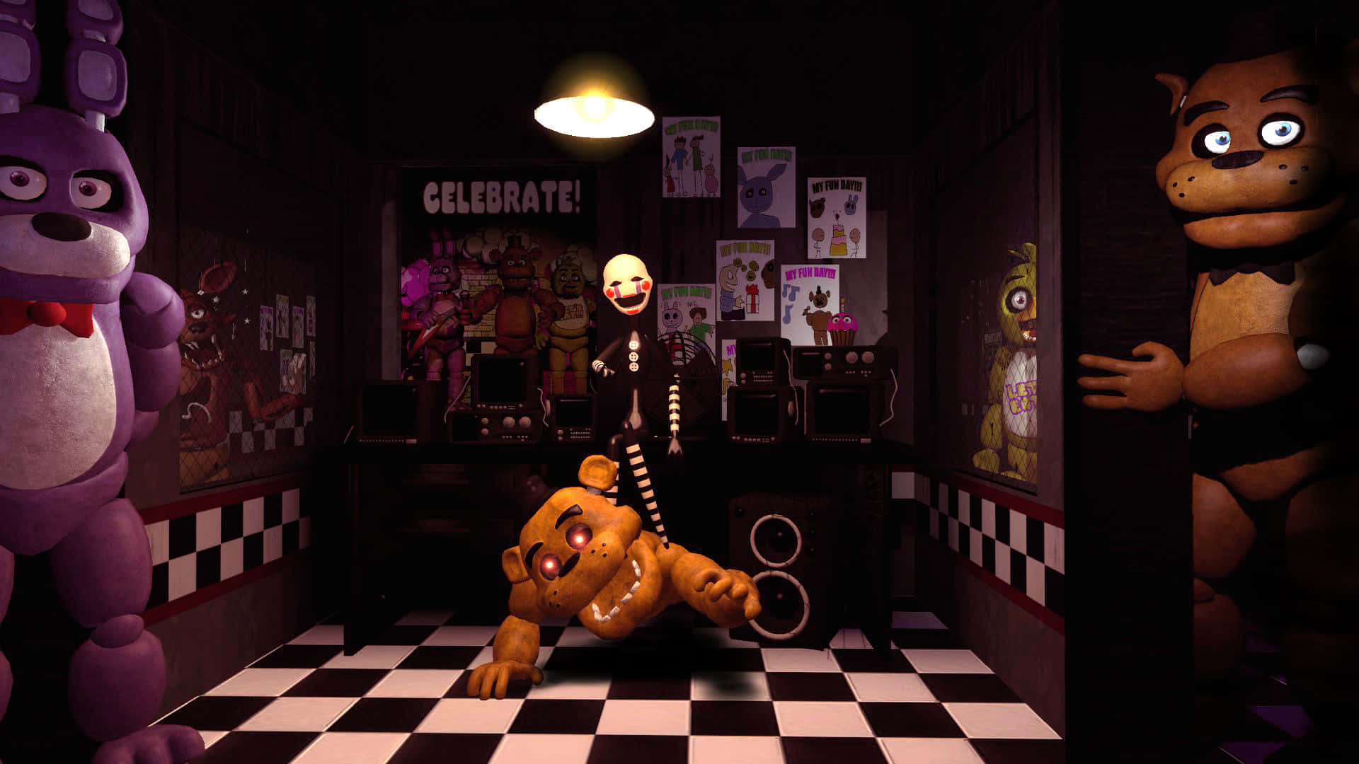Scary Fnaf Freddy On Checkered Tiles Picture