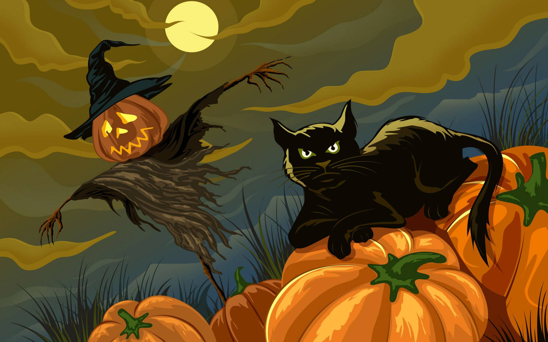 Skræmmende Halloween Sort Kat Og Skræmmer Wallpaper