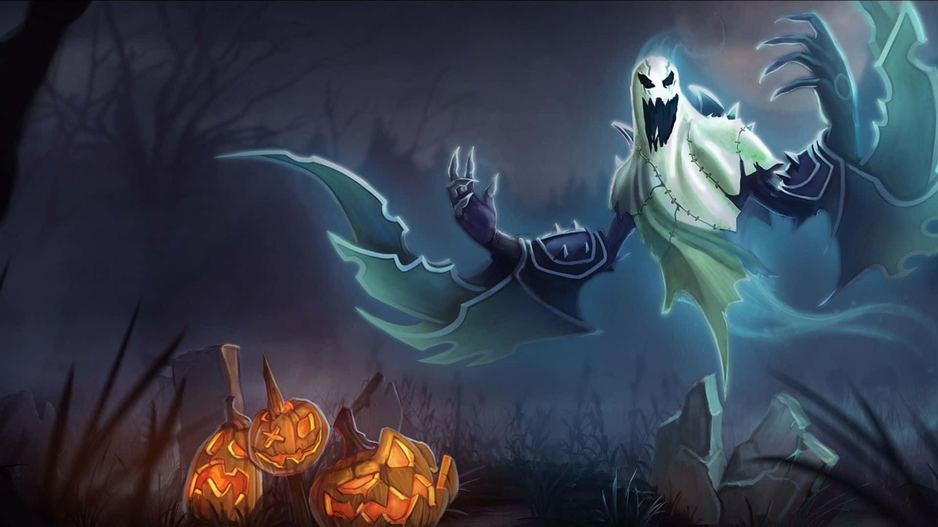 _ A spooky Halloween desktop wallpaper with a frightening skeleton in the center._ Wallpaper